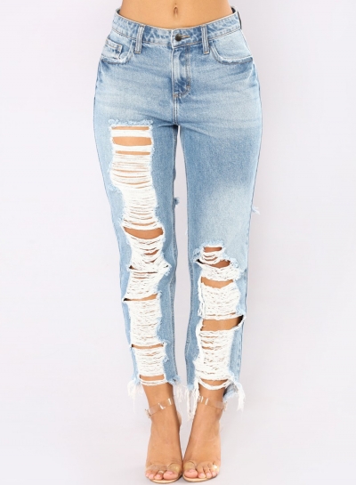 Fashion Casual High Waist Destroyed Straight Leg Loose Fit Jeans
