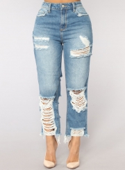 Casual Destroyed High Waist Straight Jeans With Pockets