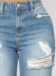 Casual Destroyed High Waist Straight Jeans With Pockets