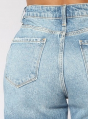 Casual Destroyed High Waist Straight Jeans With Pockets