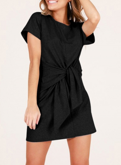 Fashion Loose Round Neck Short Sleeve Front Tie A-line Dress zecalaba.com