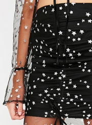 Black Sexy High Waist Ruffle Long Mesh Skirt With Star Pattern