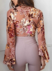 Pink Sexy V Neck Floral Print Bow Tie Bell Sleeve Crop Top Blouse