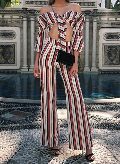 Sexy Striped 2 Piece Off Shoulder Front Bow Crop Top Wide Leg Pants zecalaba.com