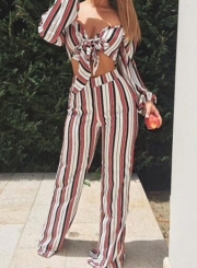 Sexy Striped 2 Piece Off Shoulder Front Bow Crop Top Wide Leg Pants