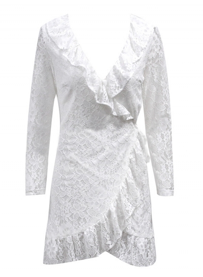 Lace V Neck Long Sleeve Wrap Slim Irregular Solid Dress zecalaba.com