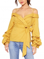 Spaghetti strap Off Shoulder V Neck Ruffle Sleeve Bow Tie Blouse