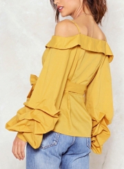 Spaghetti strap Off Shoulder V Neck Ruffle Sleeve Bow Tie Blouse