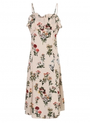 Floral Print Spaghetti Strap Round Neck Backless Swing Dress