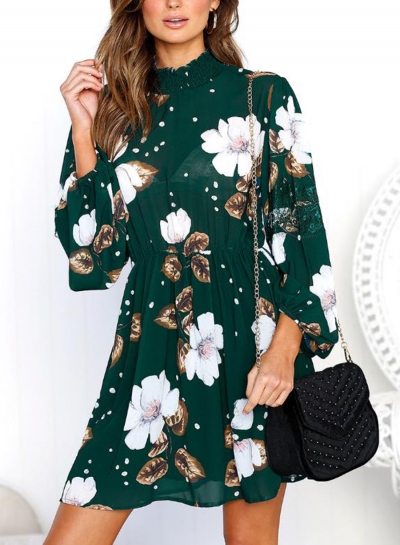 Floral Print High Neck Lantern Sleeve Elastic Waist Dress zecalaba.com