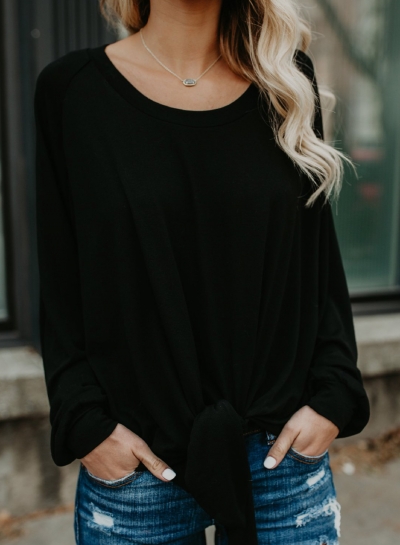 Casual Round Neck Long Sleeve Bow Tie Loose Blouse