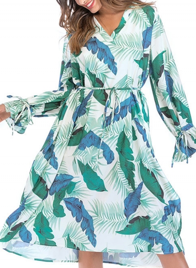 Leaf Print V Neck Long Sleeve Loose Maxi Dress With Belt zecalaba.com