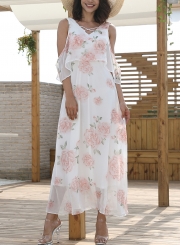 White Chiffon Sexy Floral Print V Neck High Waist Swing Maxi Dress