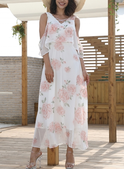 White Chiffon Sexy Floral Print V Neck High Waist Swing Maxi Dress zecalaba.com