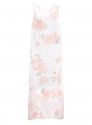 White Chiffon Sexy Floral Print V Neck High Waist Swing Maxi Dress