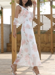 White Chiffon Sexy Floral Print V Neck High Waist Swing Maxi Dress