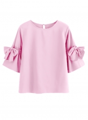 Casual Flare Sleeve Round Neck Loose Solid Color Blouse With Bow