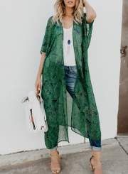 Chiffon Leaf Print Half Sleeve Open Front Loose Kimono Cardigan