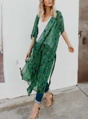 Chiffon Leaf Print Half Sleeve Open Front Loose Kimono Cardigan