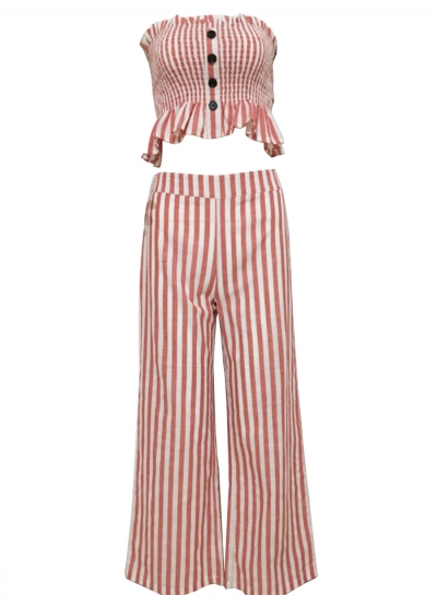 2 Piece Striped Chest Wrapped Crop Top Wide Leg Pants zecalaba.com