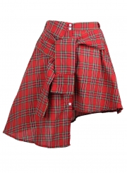 Casual Elastic Waist Button Down Irregular Plaid Skirt