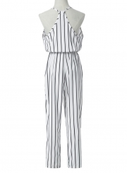 Summer Slim Striped Sleeveless V Neck Jumpsuit With Drawstring