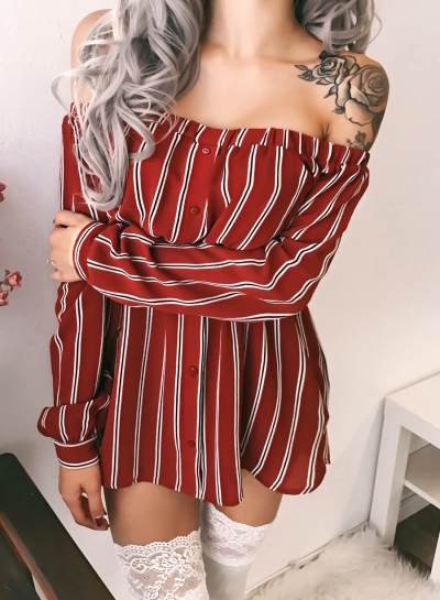 Sexy Striped Off Shoulder Long Sleeve Loose Mini Dress zecalaba.com