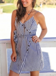 Summer Striped Spaghetti Strap V Neck Backless Button Dress