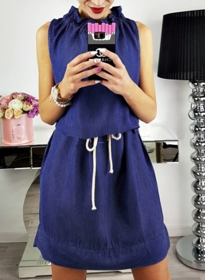 Casual Sleeveless Round Neck Waist Tie Solid Color Pullover Dress zecalaba.com