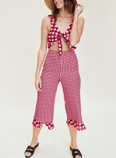 V Neck Sleeveless Backless Bow Tie Wide Leg Plaid Jumpsuit YOYOTSHOP.com