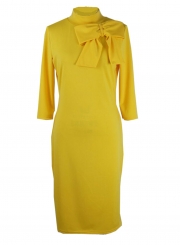 High Neck Half Sleeve Bow Tie Sexy Solid Color Bodycon Dress