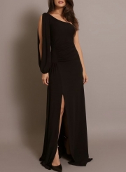 Sexy Rushed One Shoulder Slit Solid Color Asymmetric Maxi Dress
