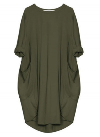 Solid Oversized Round Neck Long Sleeve Loose Pockets Dress zecalaba.com