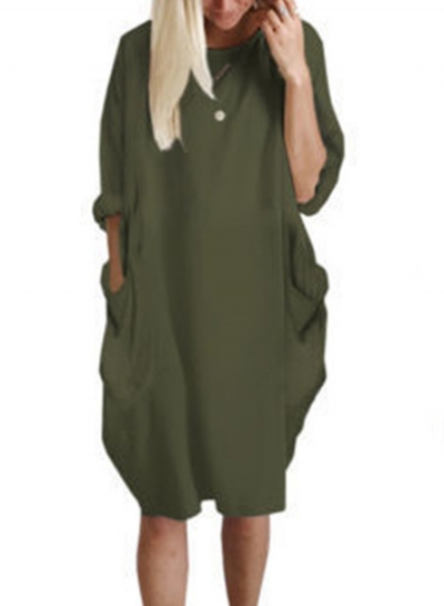 Solid Oversized Round Neck Long Sleeve Loose Pockets Dress zecalaba.com