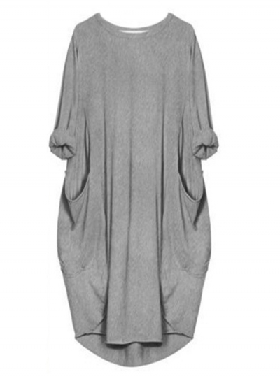 Solid Oversized Round Neck Long Sleeve Loose Pockets Dress zecalaba.com