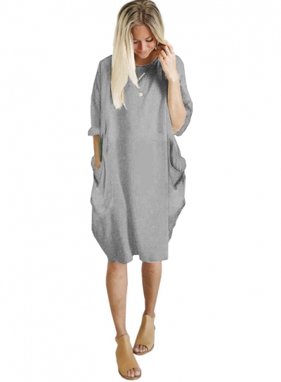 Solid Oversized Round Neck Long Sleeve Loose Pockets Dress zecalaba.com