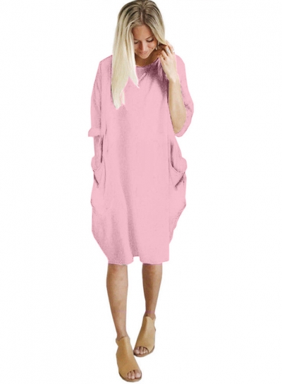 Solid Oversized Round Neck Long Sleeve Loose Pockets Dress YOYOTSHOP.com