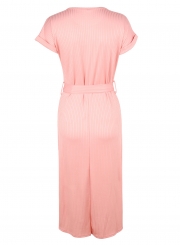 Irregular Round Neck Short Sleeve Waist Tie Solid Color Dress