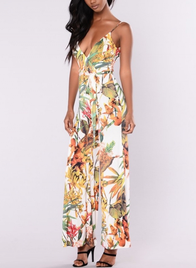 Summer Floral Printed Spaghetti Strap V Neck Wide Leg Jumpsuit zecalaba.com