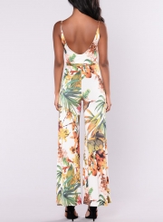 Summer Floral Printed Spaghetti Strap V Neck Wide Leg Jumpsuit