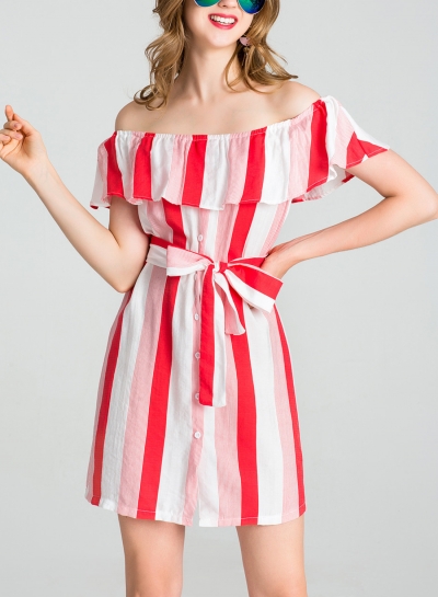 Summer Striped Off The Shoulder Bow Tie Button Down A-line Mini Dress zecalaba.com