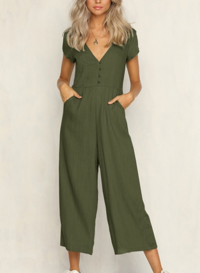 Casual Short Sleeve V Neck Front Buttons Wide Leg Jumpsuit With Pockets zecalaba.com