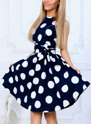 Sleeveless Round Neck Polka Dot Swing Mini Dress With Belt