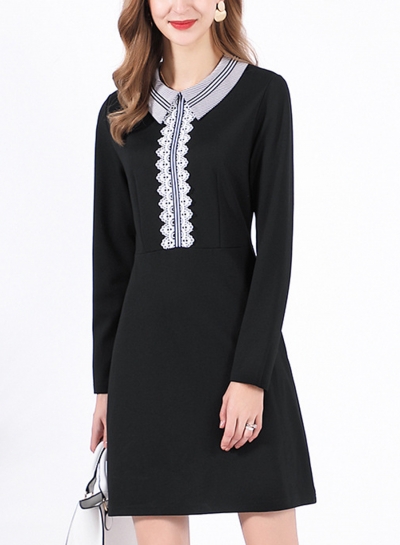 Casual Lace Turn-Down Collar Long Sleeve Slim A-line Dress zecalaba.com