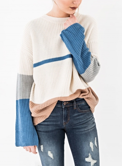 Colorful Long Sleeve Round Neck Loose Pullover Sweater zecalaba.com