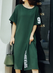 Summer Letters Print Half Sleeve Round Neck Slit Loose Dress