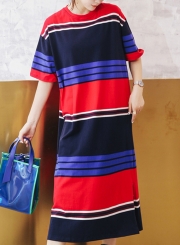 Striped Short Sleeve Round Neck Loose Slit Shirt Dress