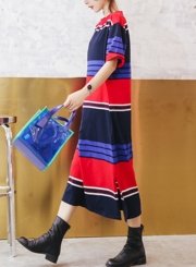 Striped Short Sleeve Round Neck Loose Slit Shirt Dress