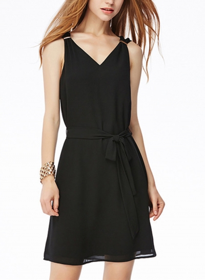 Sleeveless Black Chiffon Dress With Belt zecalaba.com