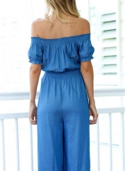 Blue Off Shoulder Short Sleeve Wide Leg Jumpsuit